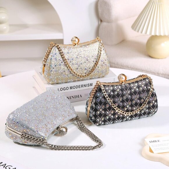 Women\'s Rhinestone Beaded Clutch Bag with Chain Handle for Evening or Party